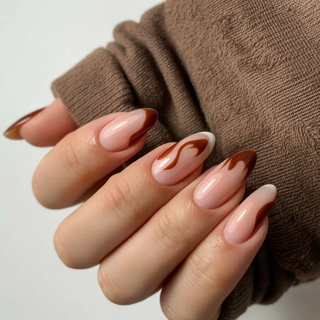 fall almond nails Chocolate Swirl Tips
