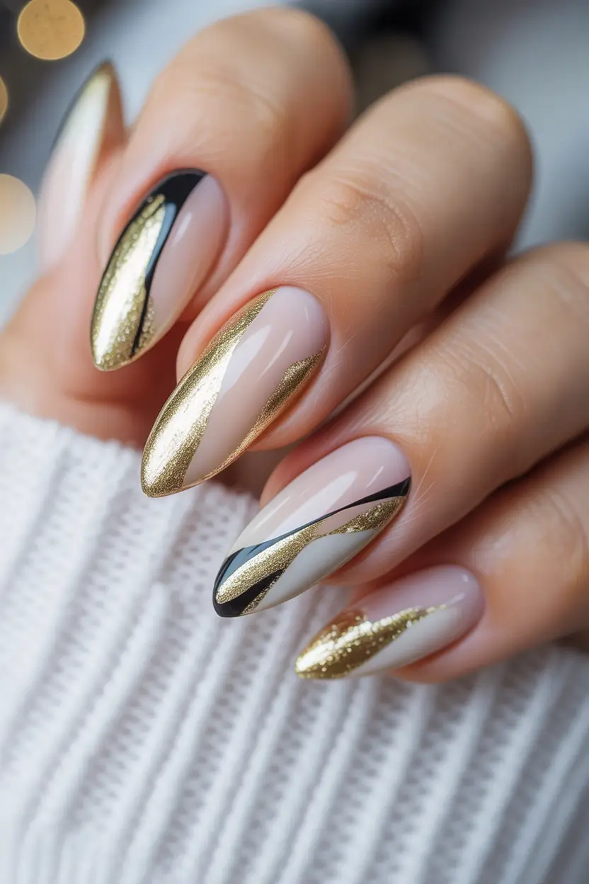 fall almond nails Black and Gold Drama