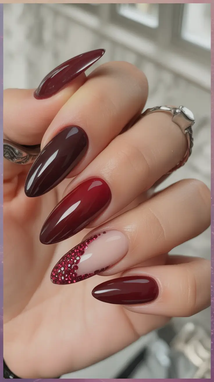 fall almond nails Burgundy Luxe With Sparkle