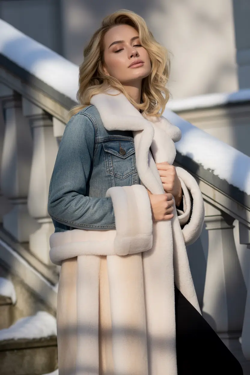 fall winter outfits Denim and Faux Fur Luxe