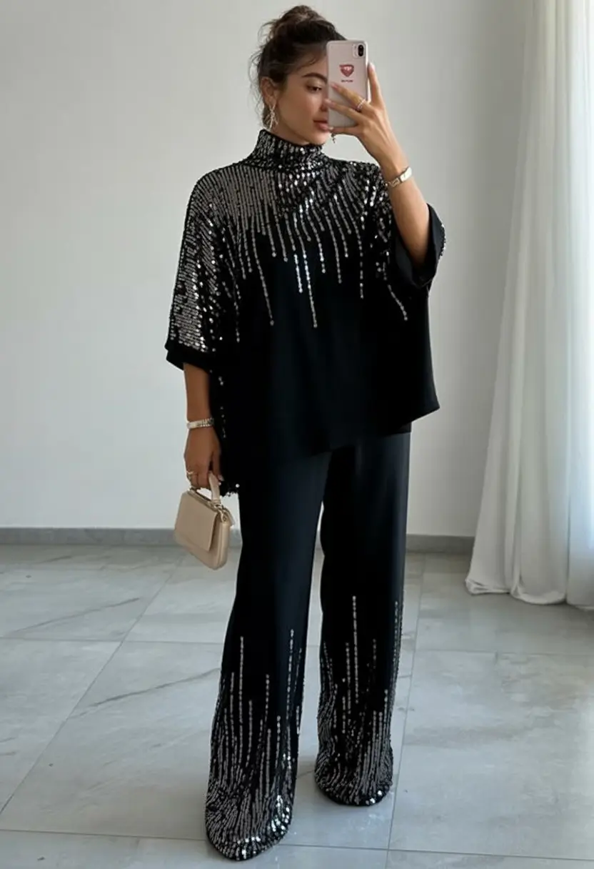 winter birthday outfit Sequined Elegance in Black