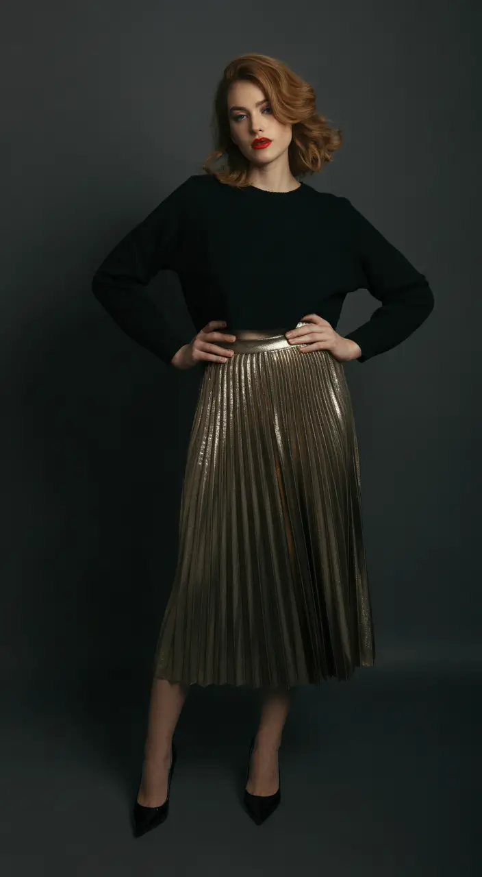 winter birthday outfit Golden Pleated Elegance
