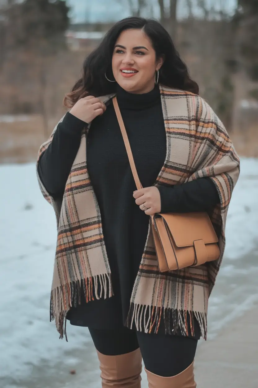 winter-capsule-wardrobe-for-plus-size-women-Plaid-Cape-Charm