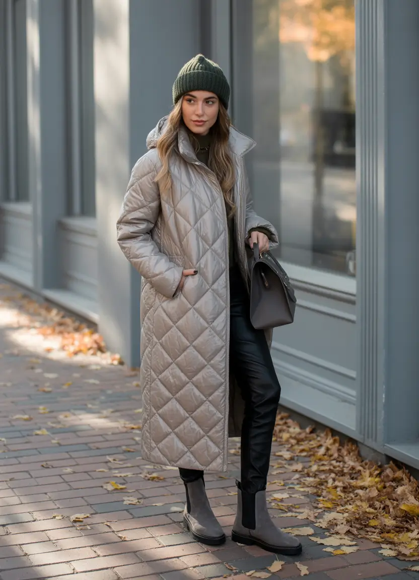 winter-fits-Quilted-Coat-With-Forest-Green-Beanie