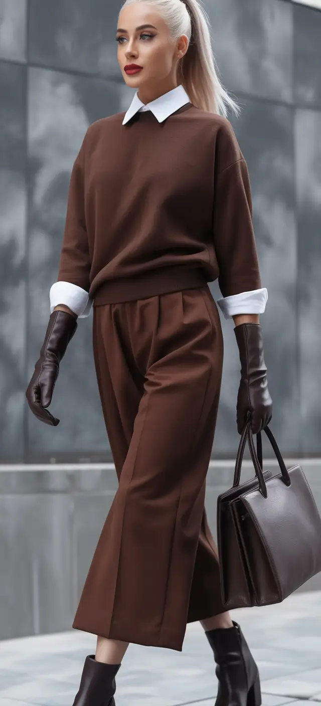 classy winter outfits Chocolate Brown with Crisp White Collar