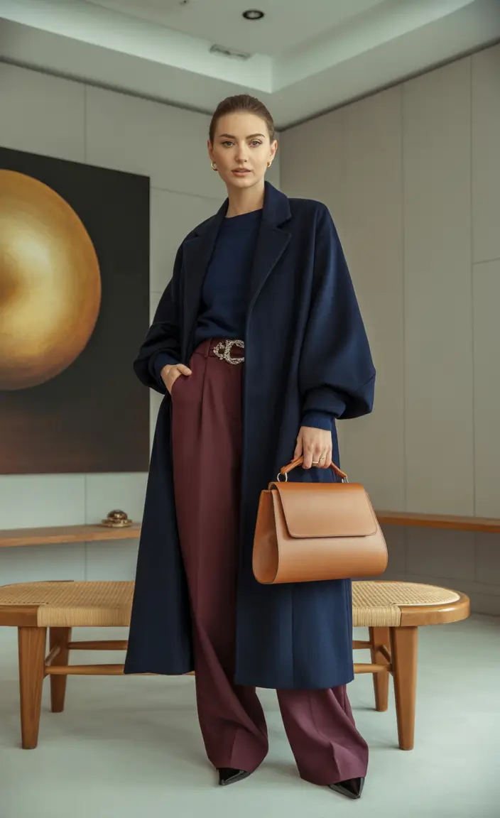 classy winter outfits Navy and Burgundy Contrast