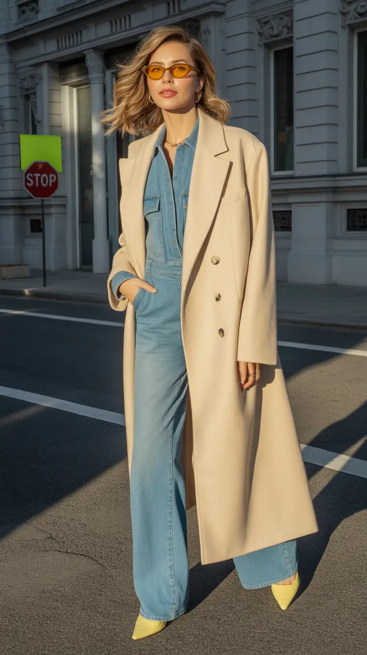 classy winter outfits Denim Jumpsuit with Camel Coat