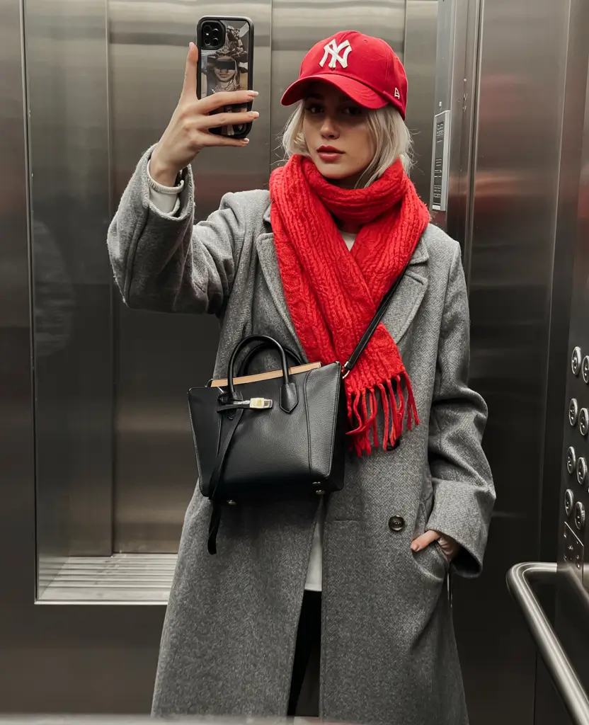 comfy winter outfits Grey Coat With Red Accents