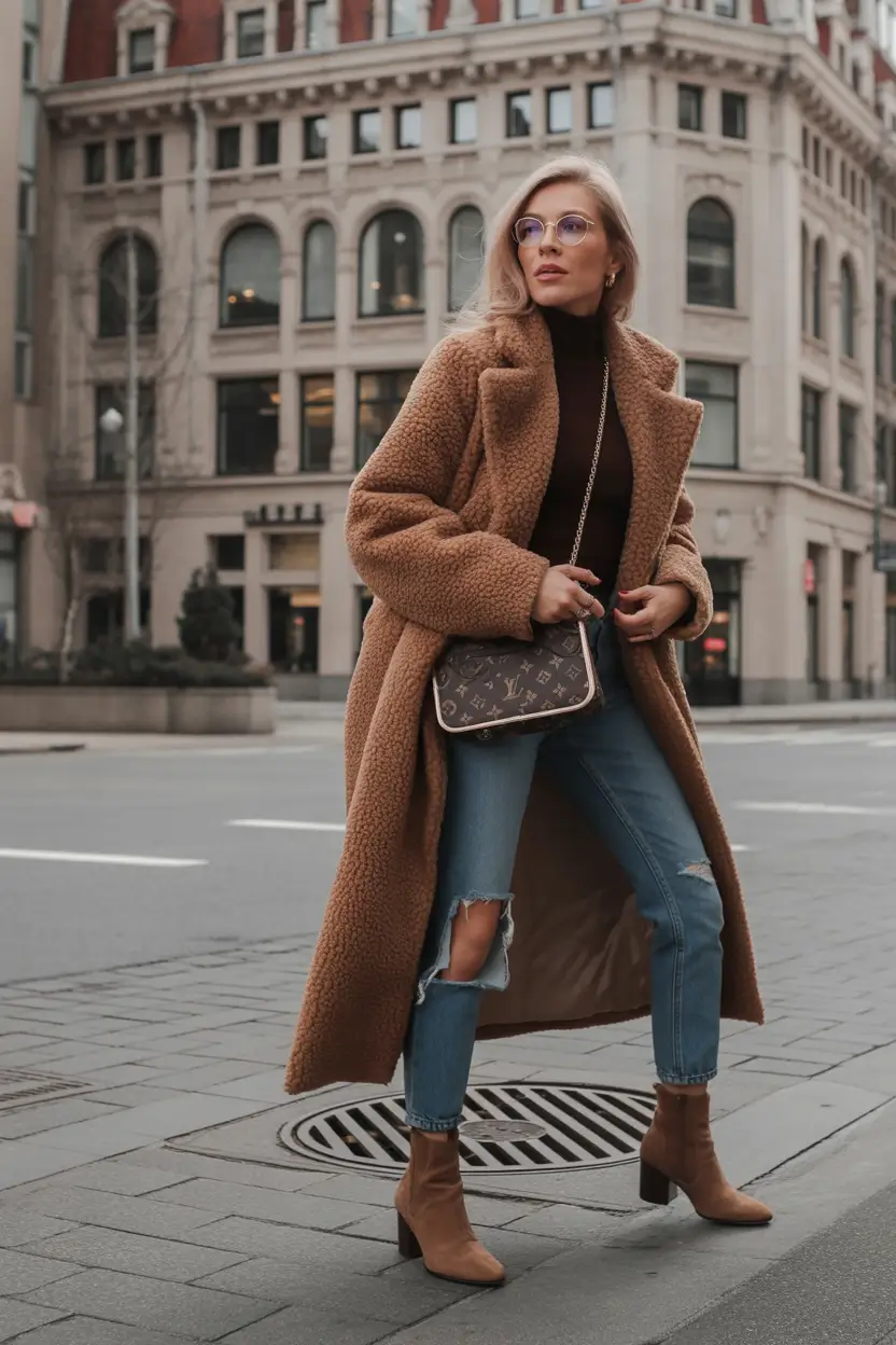 comfy winter outfits Teddy Coat And Denim Mix