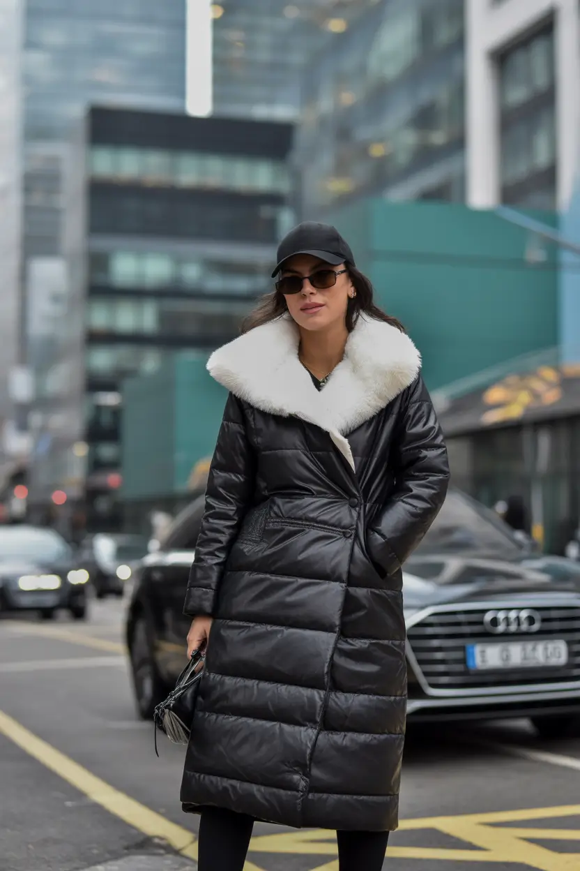 comfy winter outfits Black Puffer Glam With White Collar