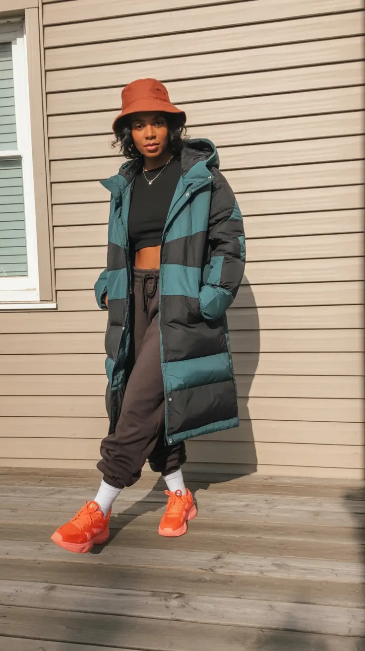 comfy winter outfits Striped Puffer And Streetwear Edge