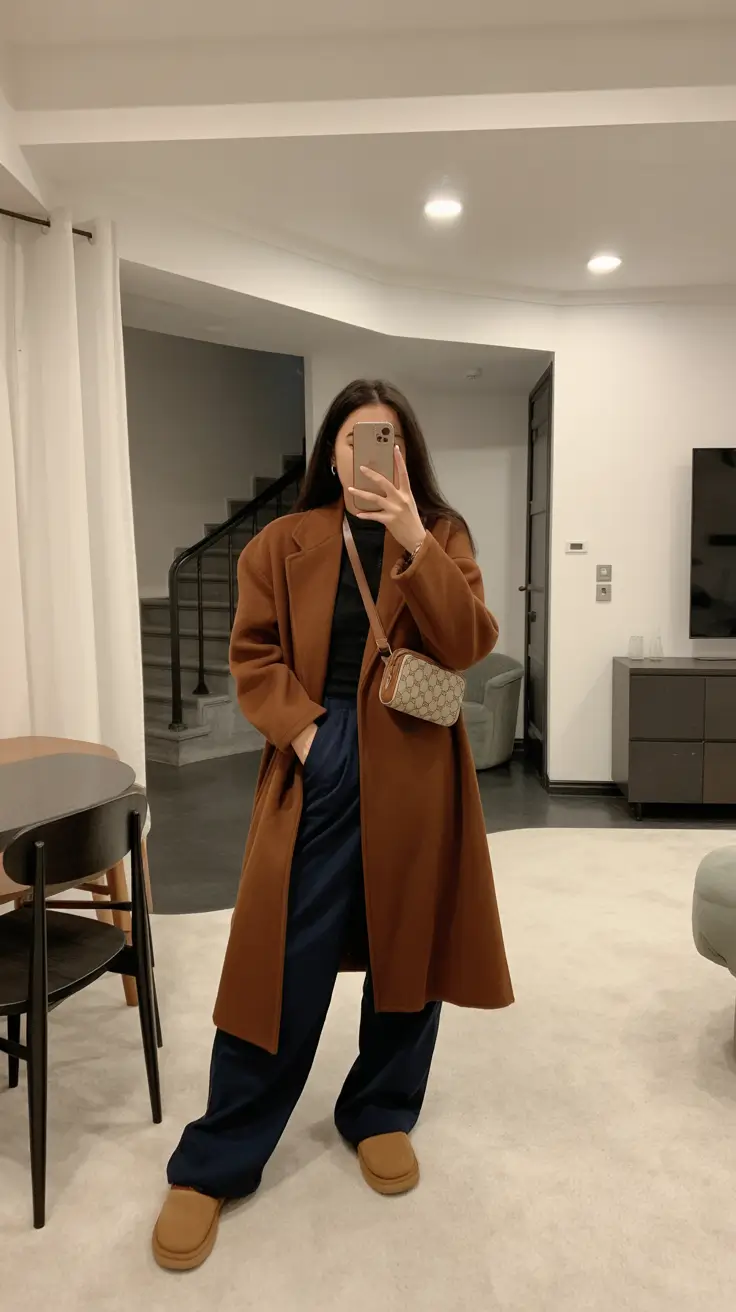 comfy winter outfits Rust Coat And Relaxed Neutrals