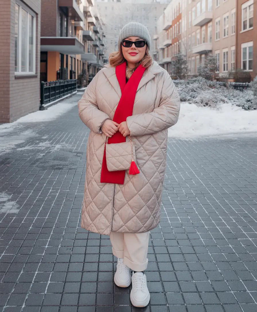 comfy winter outfits Quilted Beige With Red Pop