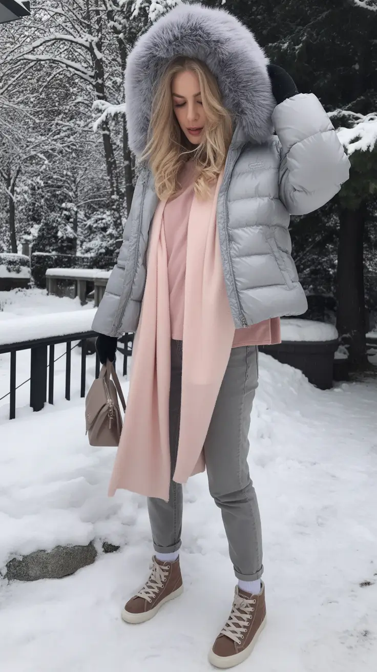 comfy winter outfits Silver Puffer With Soft Pink