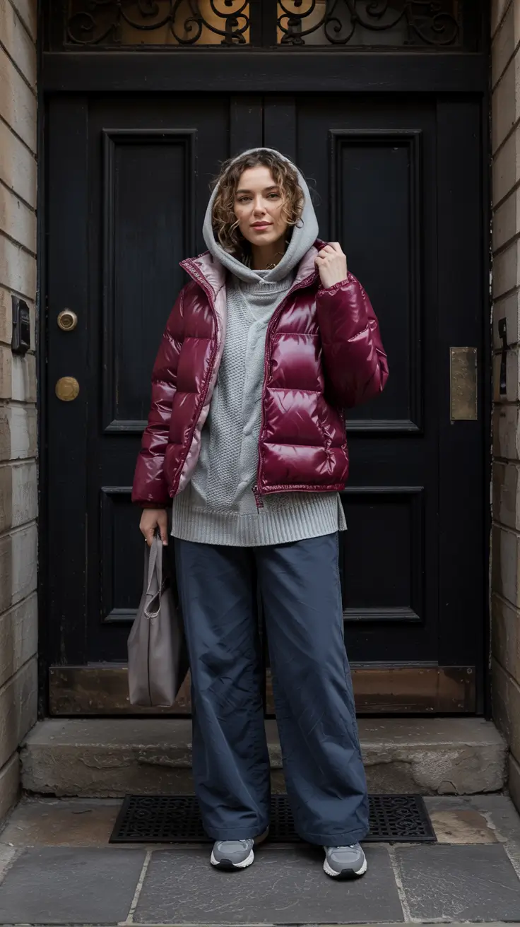 comfy winter outfits Sporty Layers With Wine-Toned Puffer