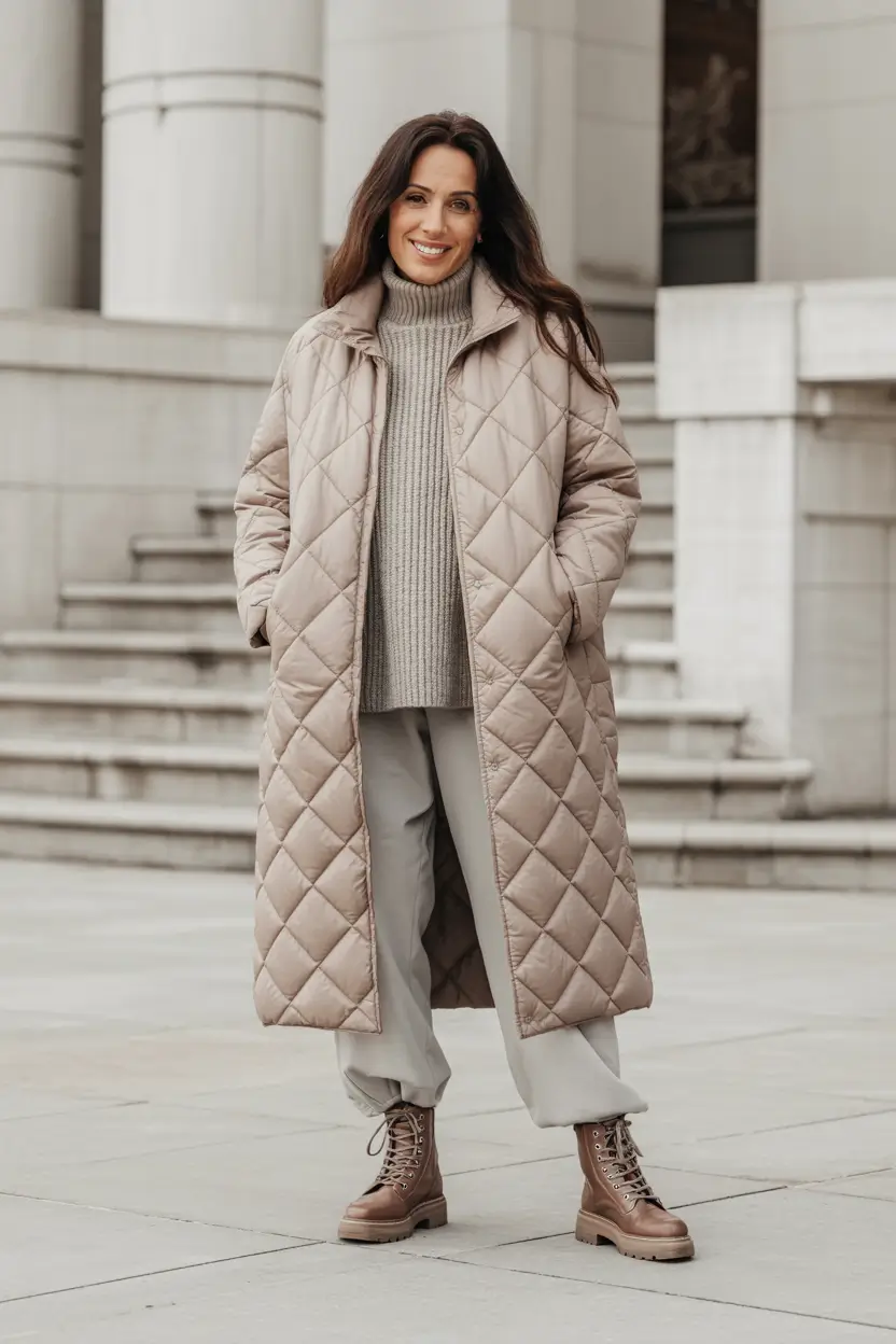 comfy winter outfits Quilted Neutral Elegance