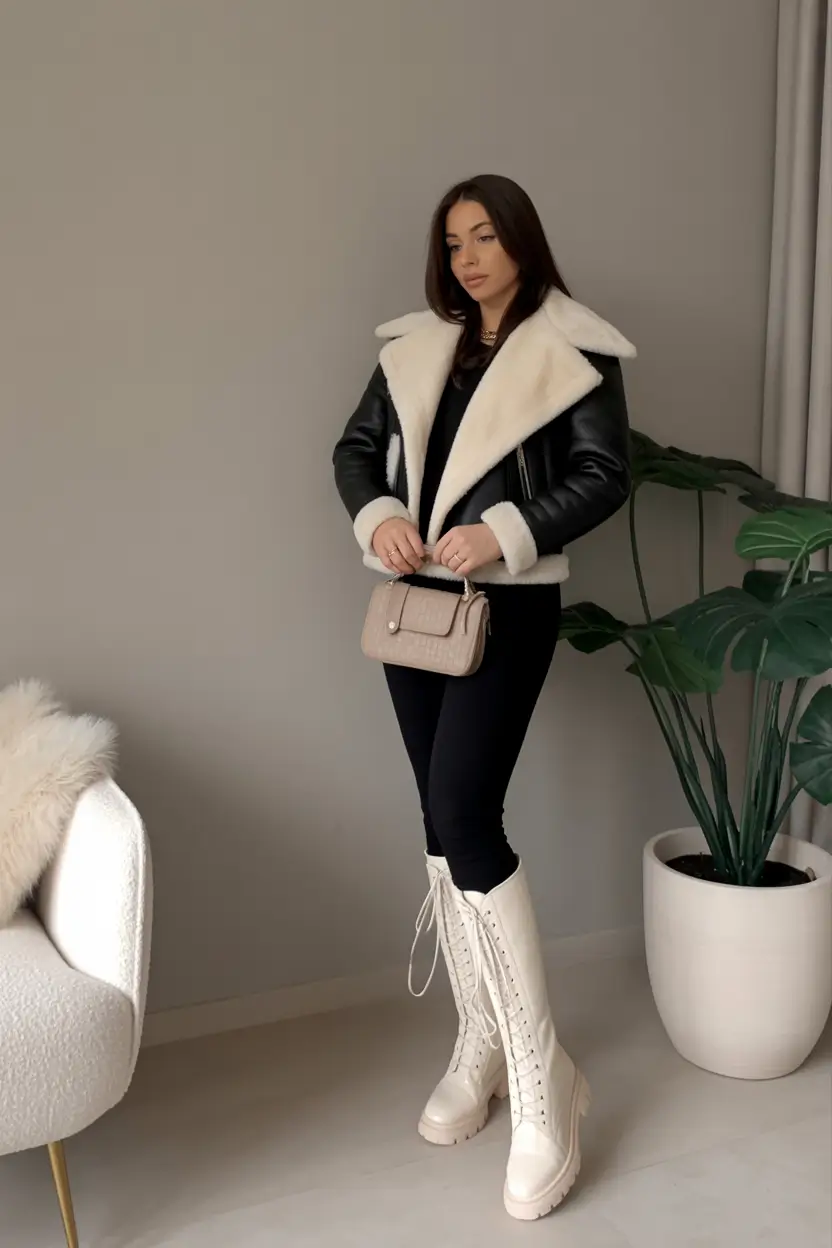 comfy winter outfits Monochrome Chic With Statement Boots