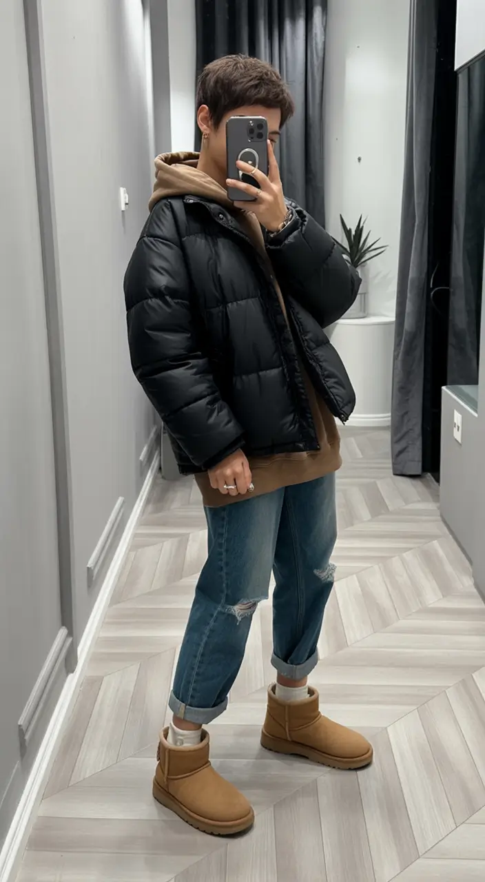 comfy winter outfits Casual Streetwear With Puffer And Uggs