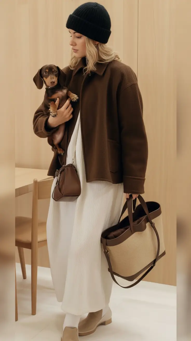 casual-winter-outfits-Brown-Wool-Jacket-over-Winter-Whites