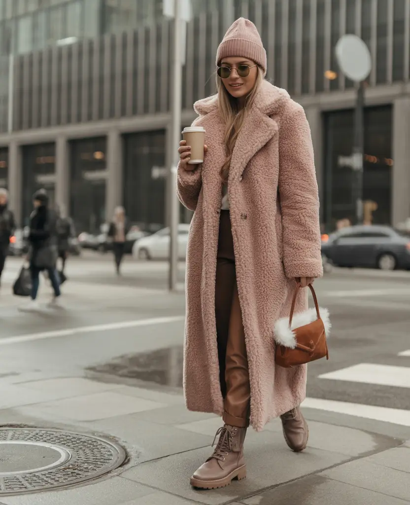 casual-winter-outfits-Soft-Pink-Teddy-with-Brown-Leather-Accents