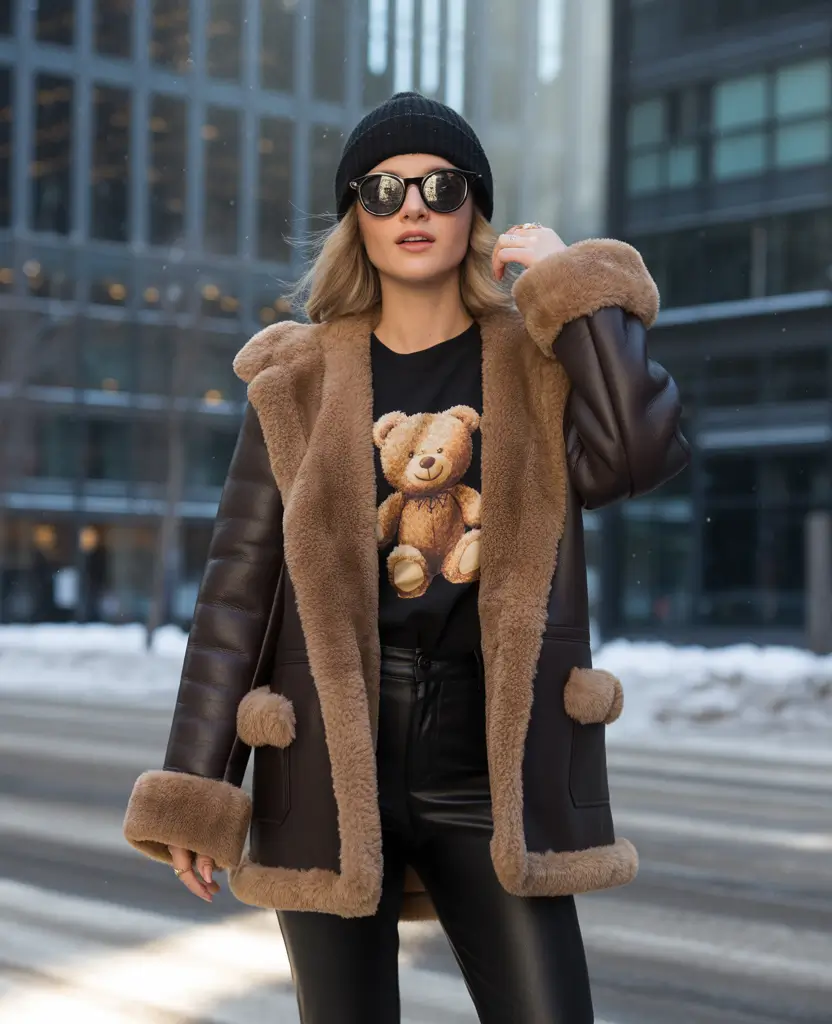casual-winter-outfits-Teddy-Bear-Graphic-Meets-Shearling-Luxe