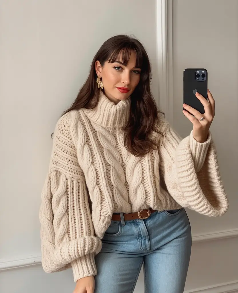 casual-winter-outfits-Chunky-Knit-Sweater-with-Classic-Denim