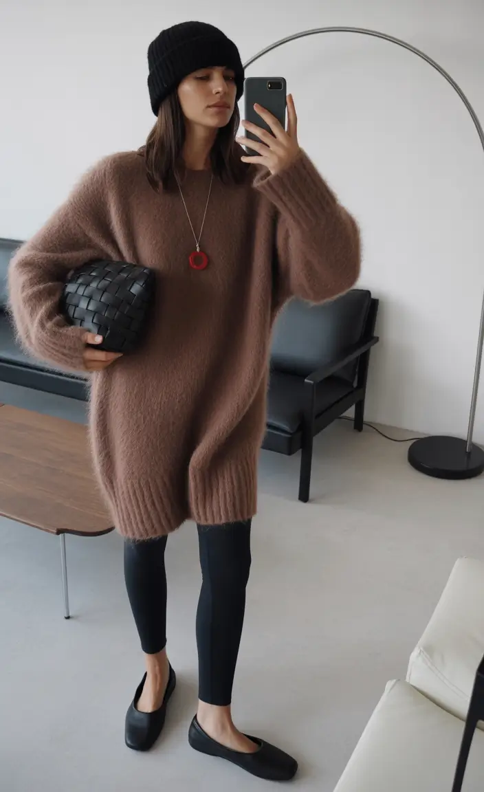 casual-winter-outfits-Oversized-Sweater-Dress-with-Leggings
