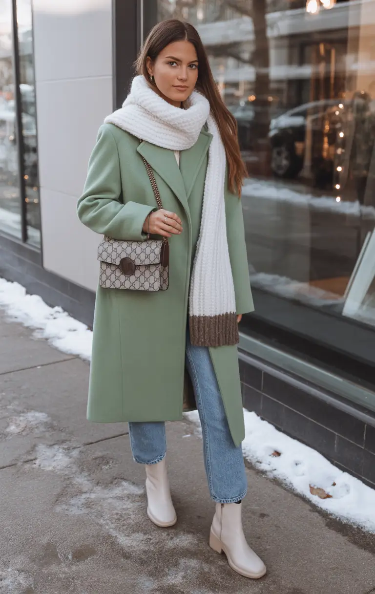 cute winter outfits Mint Coat With Cozy Accessories