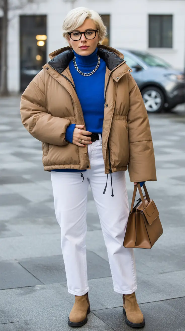 early winter outfits Bold Blue Meets Everyday Neutrals