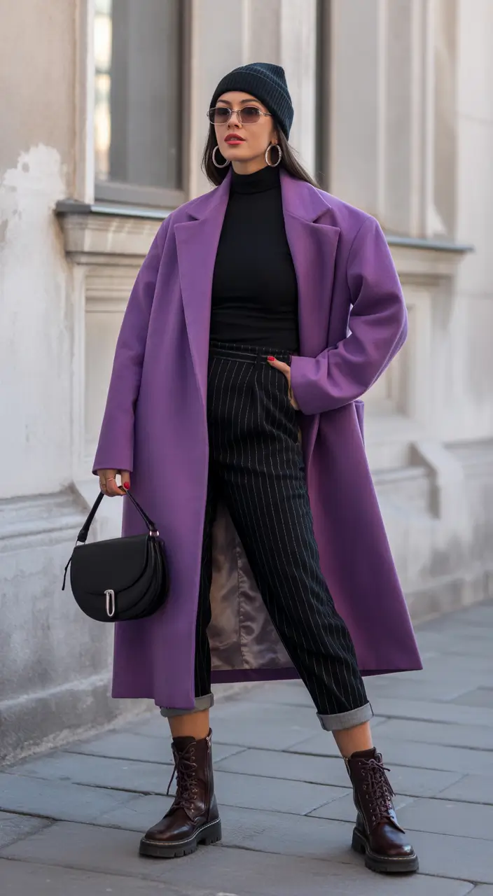 early winter outfits Purple Power Coat
