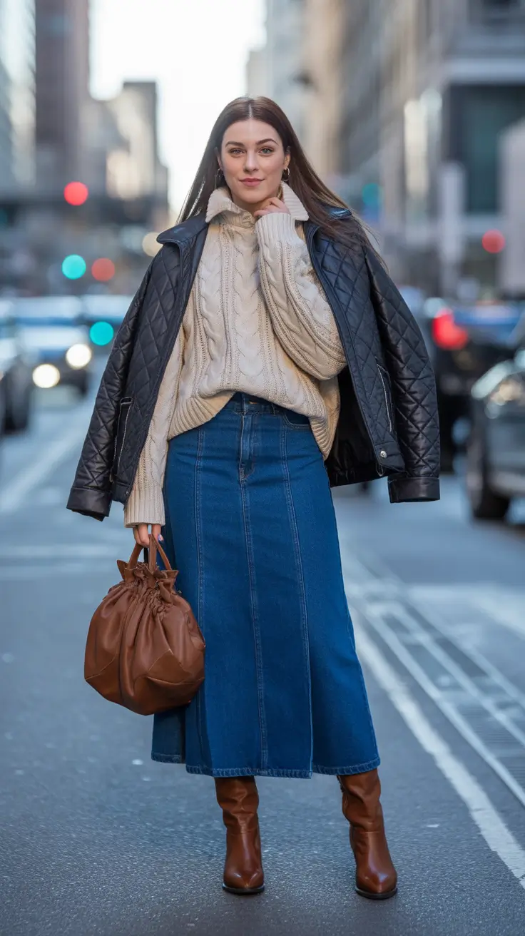 early winter outfits Denim Maxi and Quilted Layers
