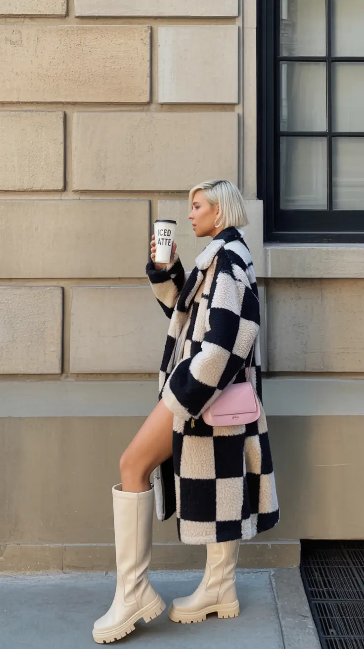 early winter outfits Checkerboard Statement Coat