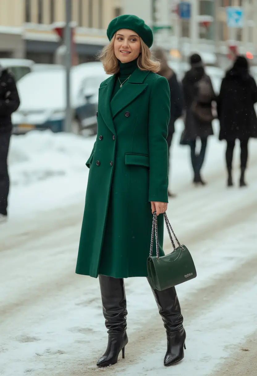 early winter outfits Emerald Elegance in the Snow