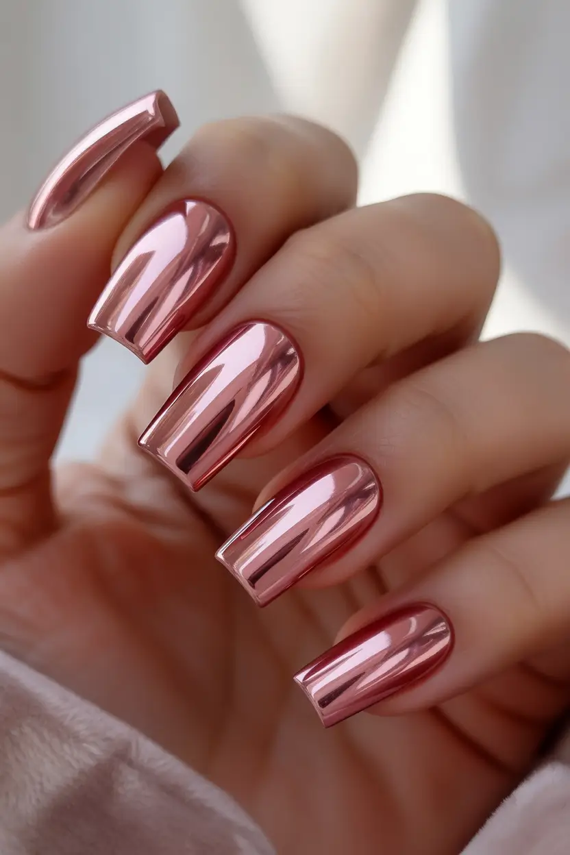 fall chrome nails Rose-Gold Mirror Elegance