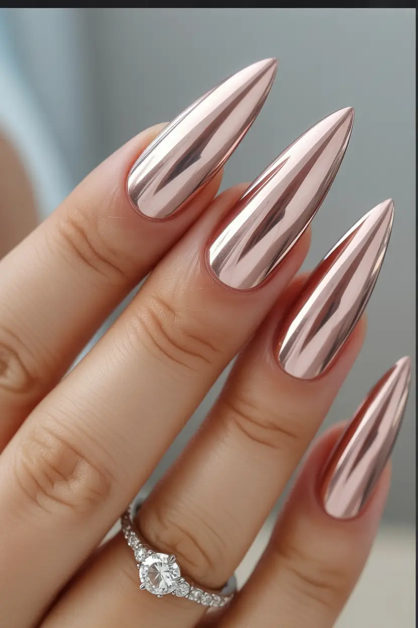 fall chrome nails Sharp Rose Gold Stilettos