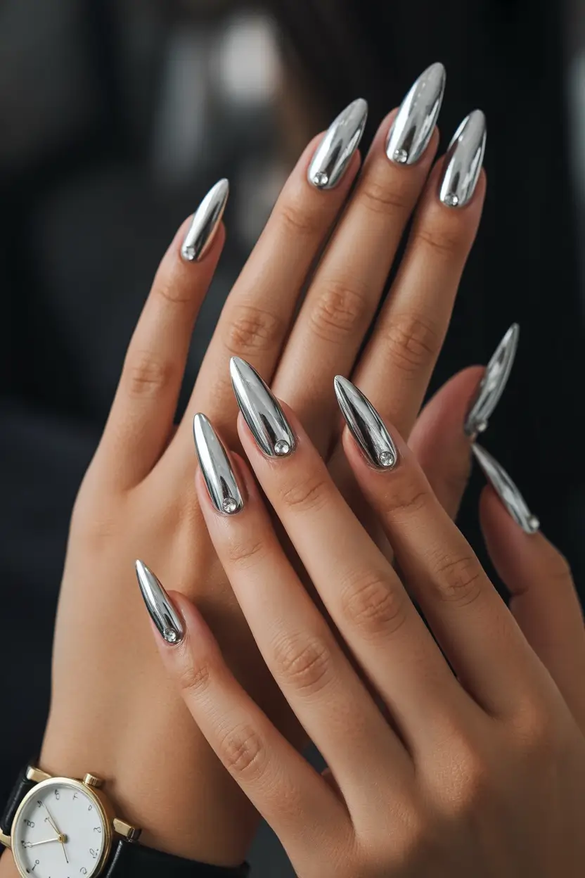fall chrome nails Chrome with Crystal Accent