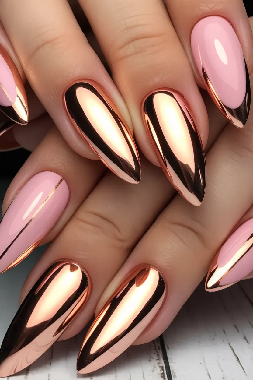 fall chrome nails Pink and Copper Drama