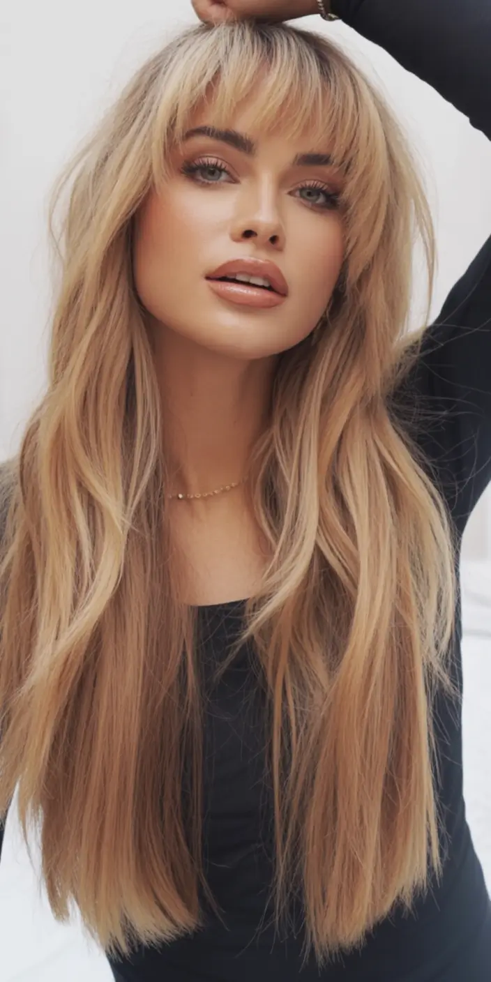 Fall long haircut Wispy Bangs with Golden Layers