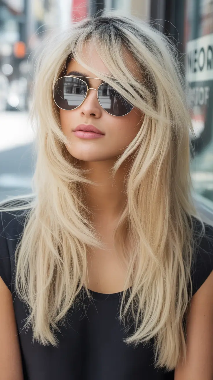 Fall long haircut Platinum Layers with Wispy Bangs