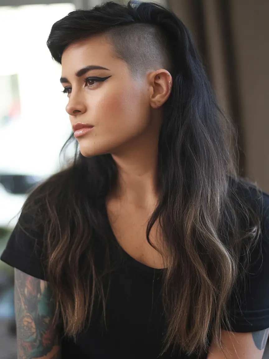 Fall long haircut Side-Shaved Layers with Dark Fade