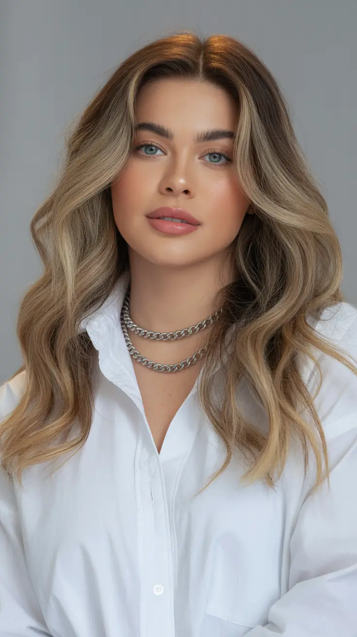 Fall long haircut Soft Waves with Blonde Balayage Ribbons