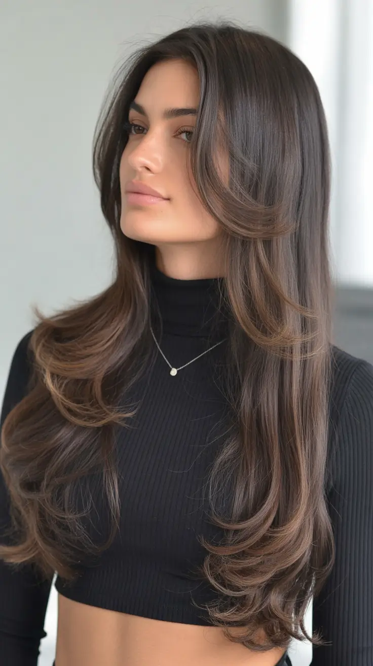 Fall long haircut Face-Framing Layers with Glossy Finish