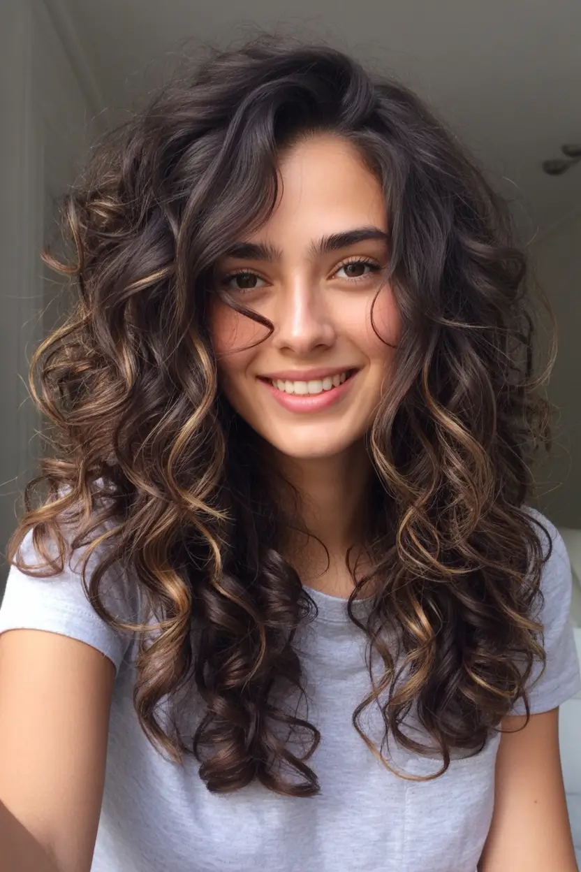 Fall long haircut Defined Curls with Dimensional Highlights