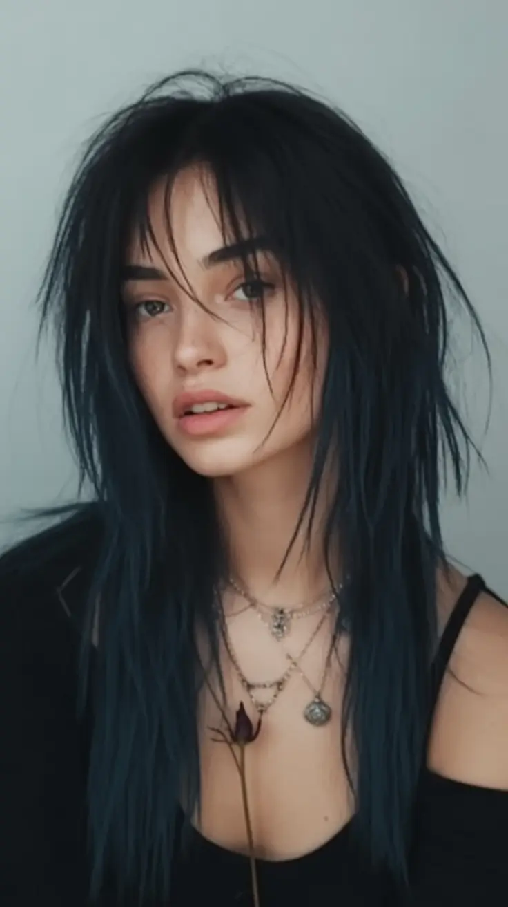 Fall long haircut Edgy Dark Shag with Long Fringe