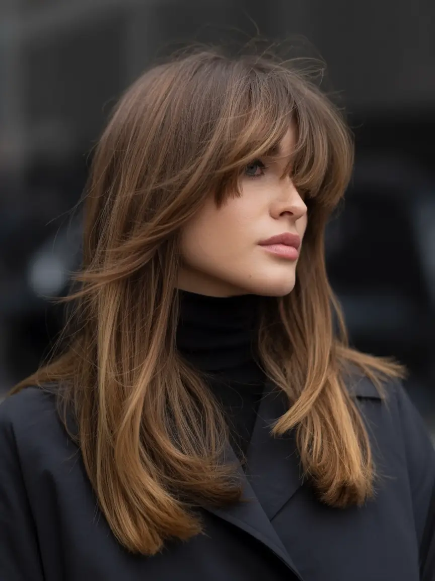 Fall long haircut Feathered Layers with Side Bangs