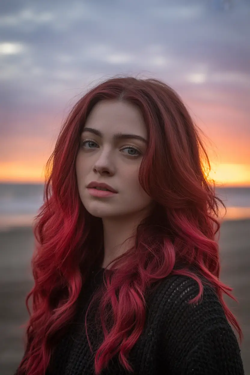 fall and winter hair colors Sunset Crimson Waves