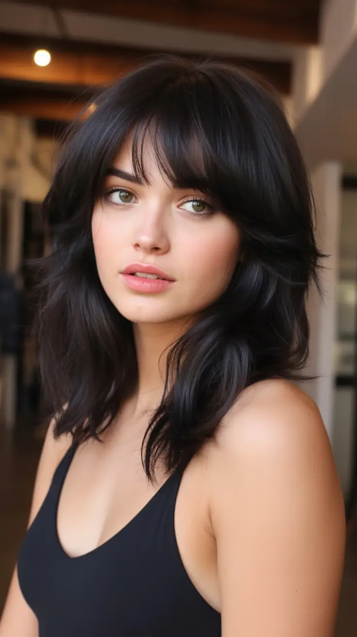fall and winter hair colors Midnight Layers with Curtain Bangs
