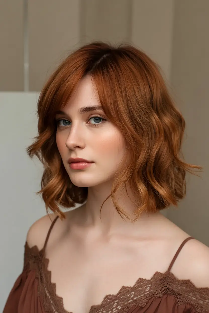 fall and winter haircuts 2025 Copper Waves with Side Fringe