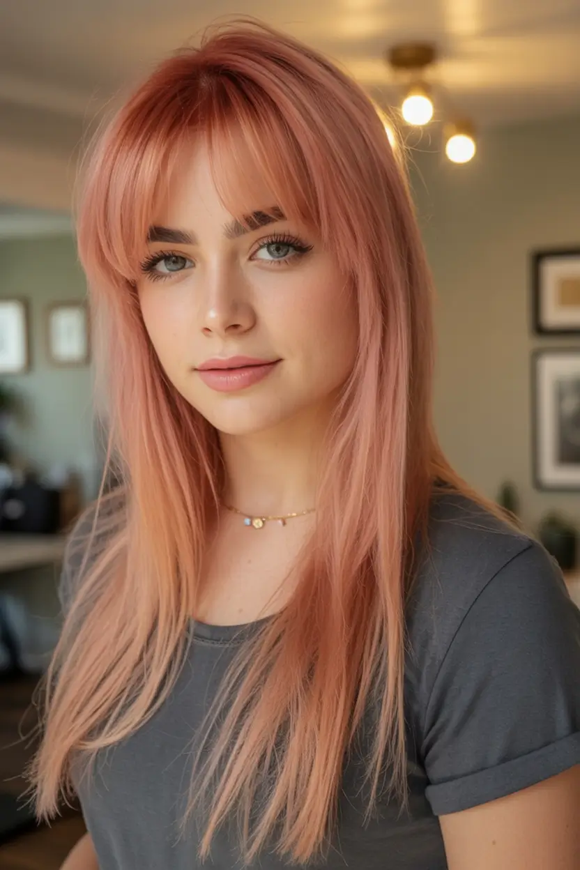 Pastel Rose Long Cut with Bangs