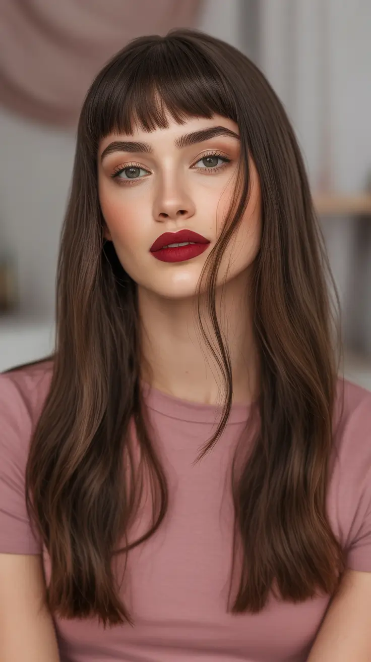 fall and winter haircuts 2025 Classic Long Cut with Blunt Bangs